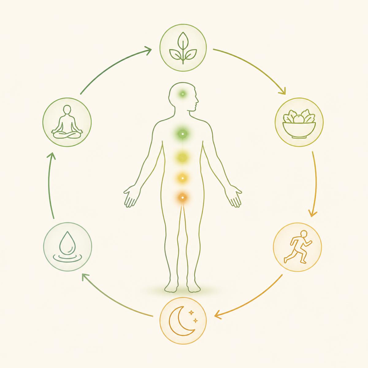 Illustration of a daily wellness routine cycle: nutrition, movement, sleep, hydration and rest
