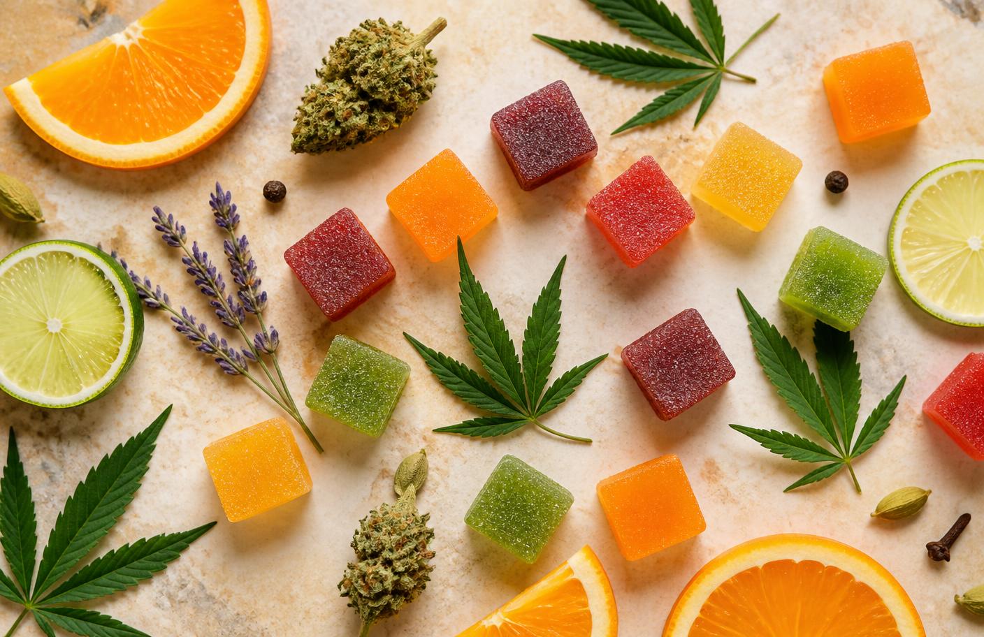 Fruit-flavoured gummy cubes arranged with hemp leaves, citrus slices and botanicals