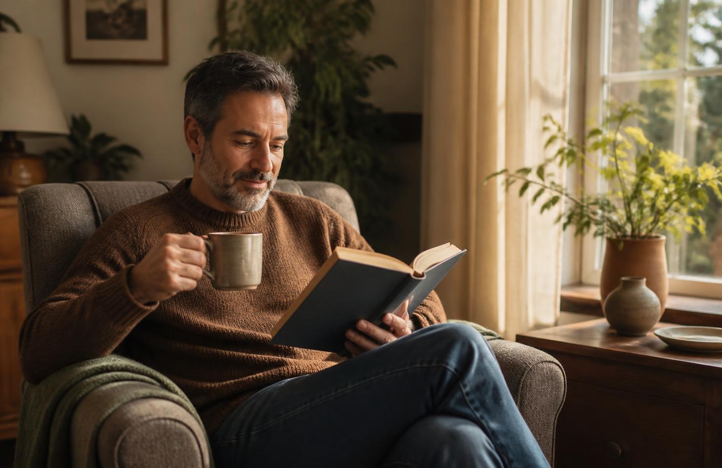 A man relaxing in an armchair with a book and a warm drink in the evening